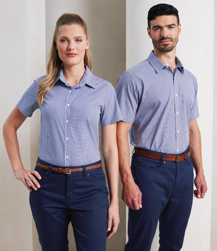 Premier Ladies Gingham Short Sleeve Shirt bedrukken met eigen logo