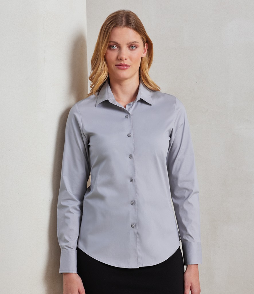 Premier Ladies Long Sleeve Stretch Fit Poplin Shirt bedrukken met eigen logo