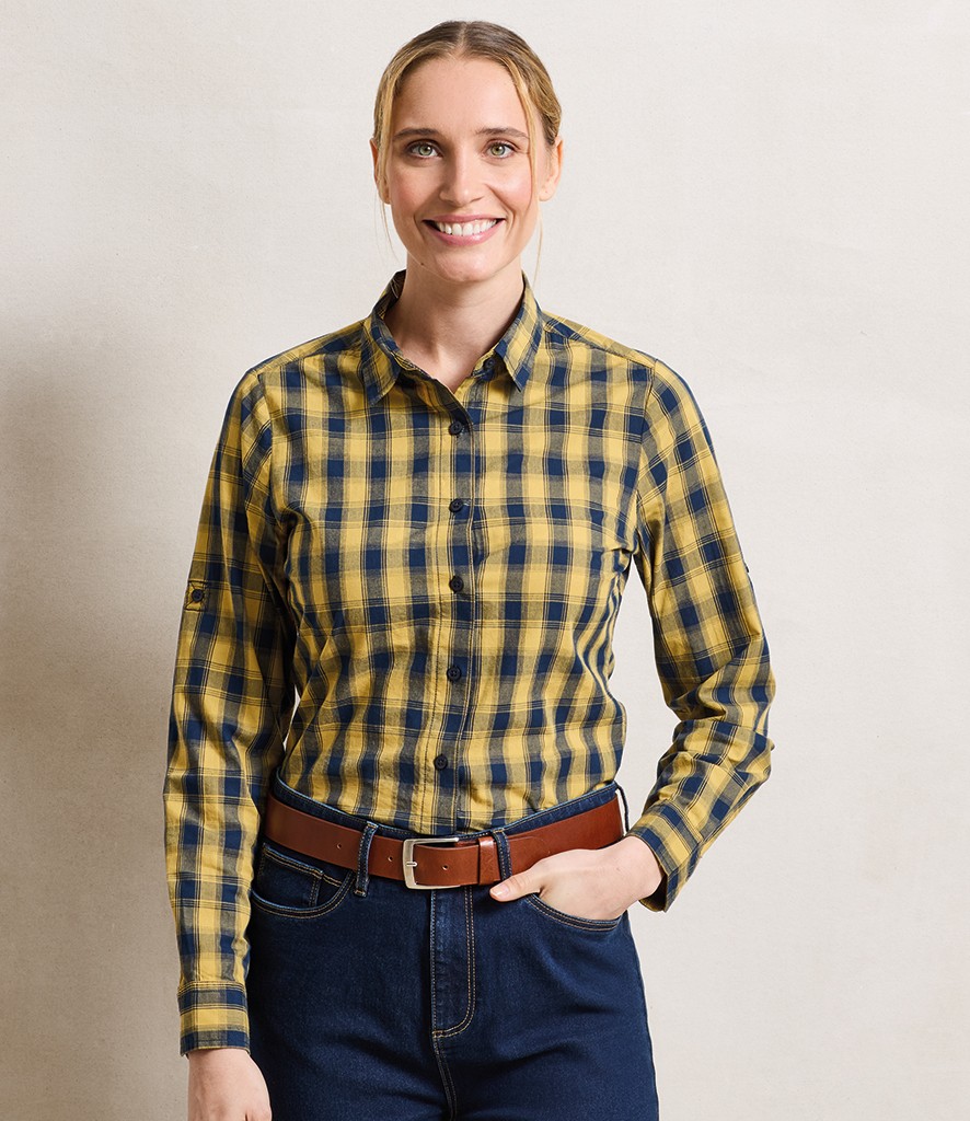 Premier Ladies Mulligan Check Long Sleeve Shirt bedrukken met eigen logo