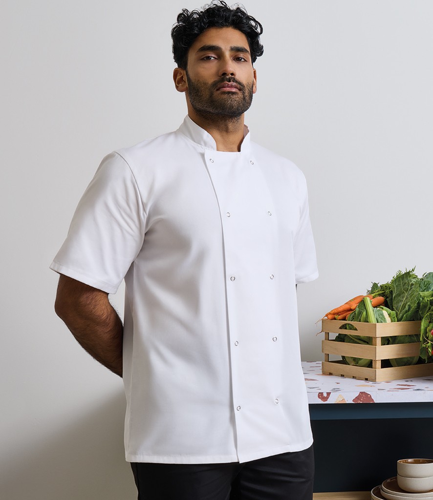 Premier Unisex Short Sleeve Stud Front Chef's Jacket bedrukken met eigen logo