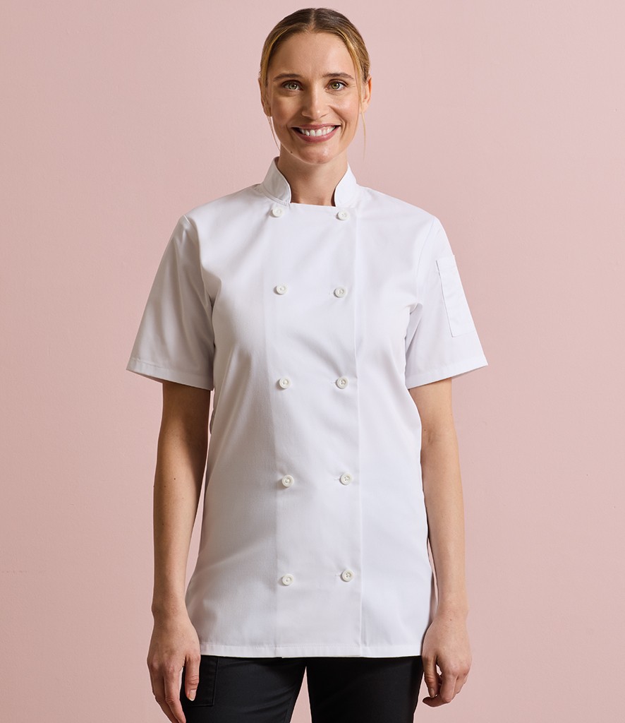 Premier Ladies Short Sleeve Chef's Jacket bedrukken met eigen logo