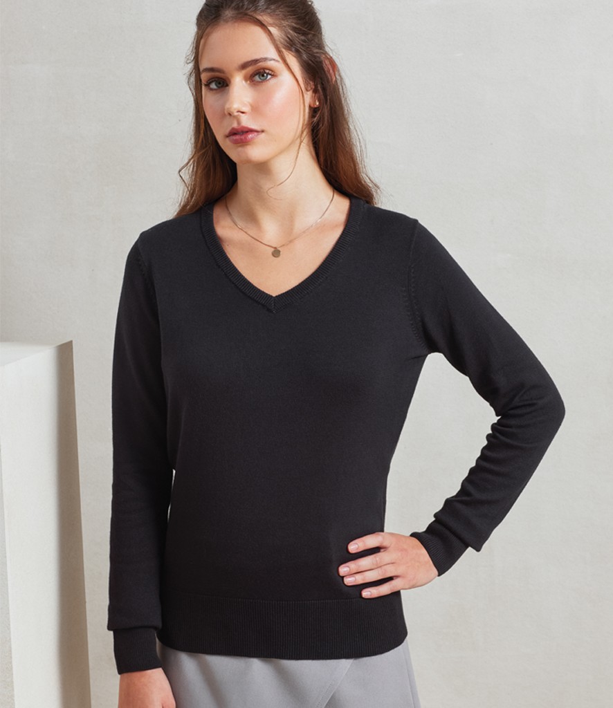 Premier Ladies Knitted Cotton Acrylic V Neck Sweater bedrukken met eigen logo