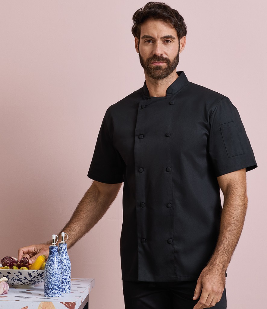 Premier Coolchecker® Short Sleeve Chef's Jacket bedrukken met eigen logo