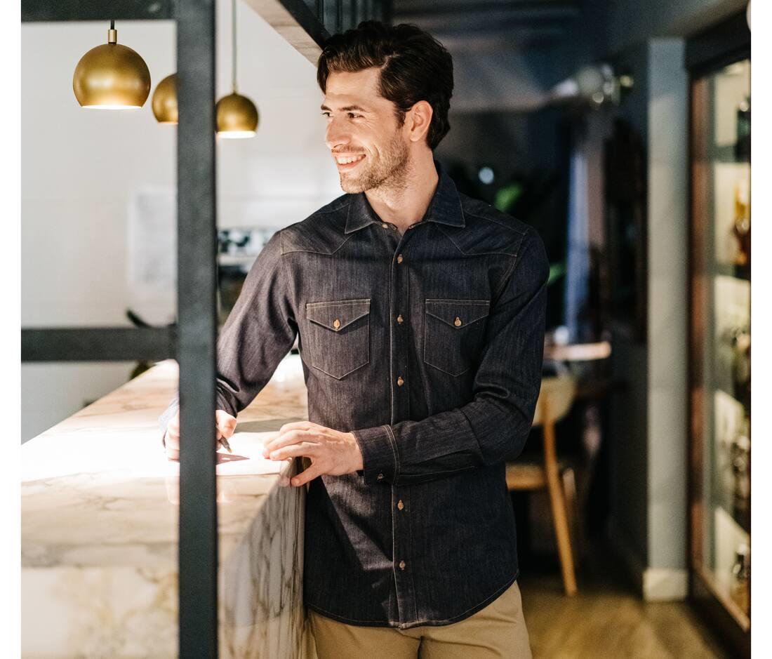 VELILLA MEN'S LONG-SLEEVE STRETCH DENIM SHIRT bedrukken met eigen logo